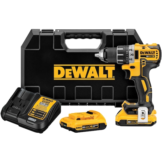 Kit including DCD791 18V XR drill driver, x2 2.0Ah batteries, DCB1102 charger and Tstak box