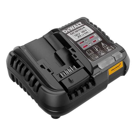 DEWALT battery charger for 12V/18V lithium-ion batteries for power tools, enables fast charging.