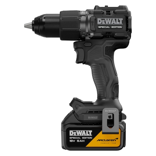 DEWALT x McLaren F1 Team 18V XR Special Edition Hammer Drill Driver with 5Ah battery front side view