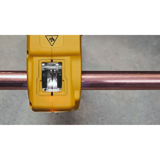 DEWALT 18V XR Brushless Copper Tubing Cutter close up image showing the clear viewing window