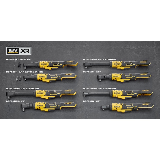 The DEWALT range of 18V XR Brushless Ratchets with product codes.