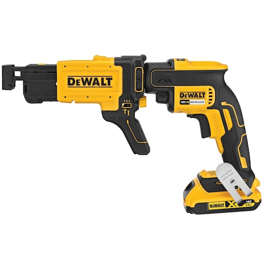 Collated drywall screw gun attachment featuring screw gun. Collated drywall screw gun attachment featuring screw gun.