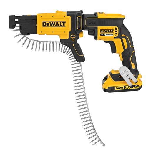 Collated drywall screw gun attachment with screws featuring screw gun. Collated drywall screw gun attachment with screws featuring screw gun.