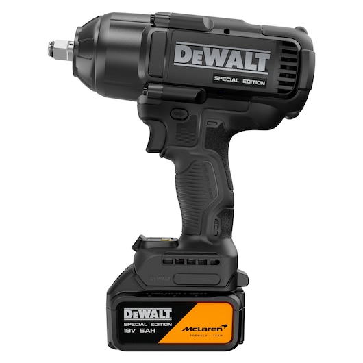 DEWALT x McLaren F1 Team 18V XR Special Edition Impact Wrench with 5Ah battery front side view