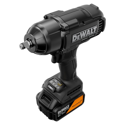 DEWALT x McLaren F1 Team 18V XR Special Edition Impact Wrench with 5Ah battery front angled view