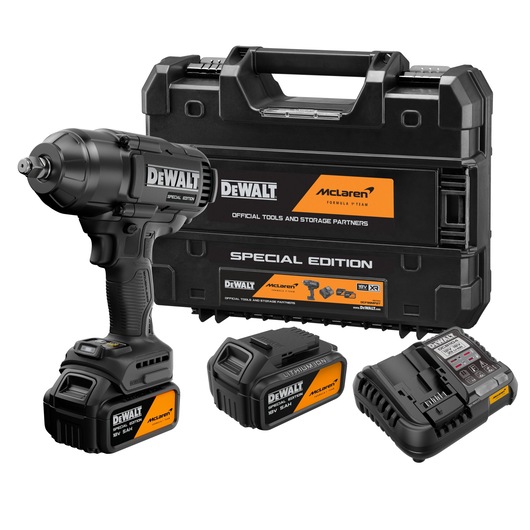 DEWALT x McLaren F1 Team 18V XR Special Edition Impact Wrench with 5Ah battery attached, additional 5Ah battery, storage case and battery charger