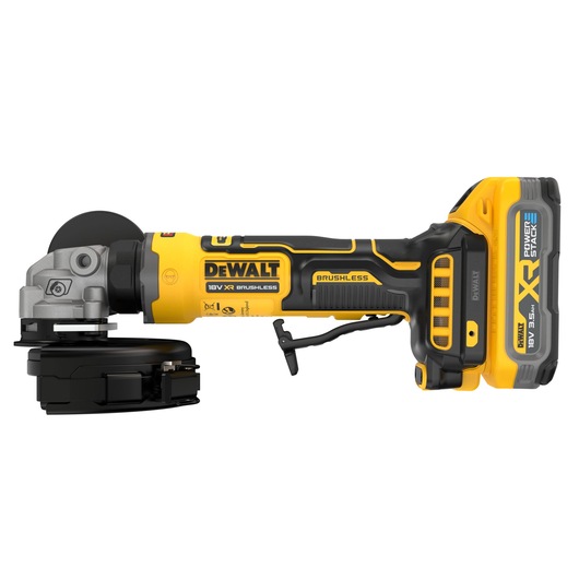 DEWALT 18V XR Brushless Compact 125mm Angle Grinder with 3.5Ah battery side view