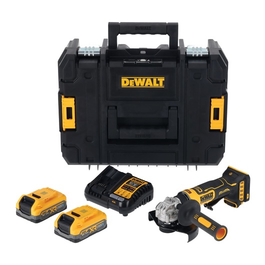 Kit including the DEWALT 18V XR Compact 125mm Angle Grinder with x2 3.5Ah batteries, DCB1104 charger and Tstak box