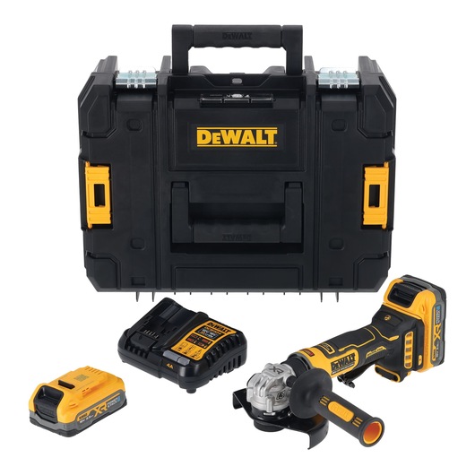 Kit including the DEWALT 18V XR Compact 125mm Angle Grinder with attached 3.5Ah battery, x1 3.5Ah battery, DCB1104 charger and Tstak box
