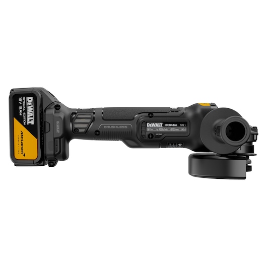 DEWALT x McLaren F1 Team 18V XR Special Edition Grinder with 5Ah battery rear side view