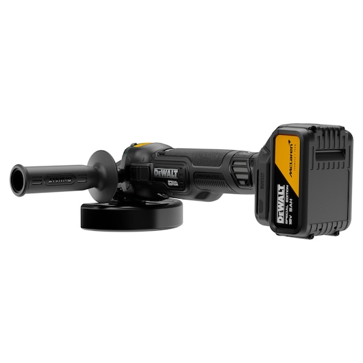 DEWALT x McLaren F1 Team 18V XR Special Edition Grinder with 5Ah battery rear angled view