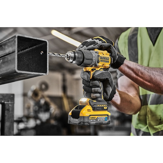 18V XR Brushless Hammer Drill Driver 3/4 right side view used in factory