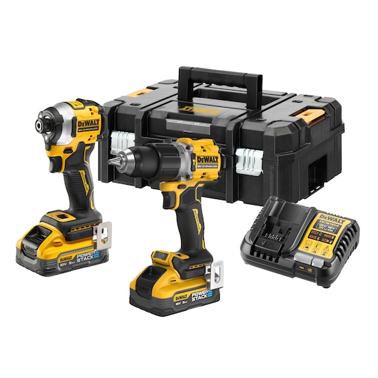Kit including DCD805 18V Hammer Drill Driver, DCF850 18V Compact Impact Driver, 2x 5.0Ah Powerstack batteries, DCB1104 charger and TSTAK Kit box