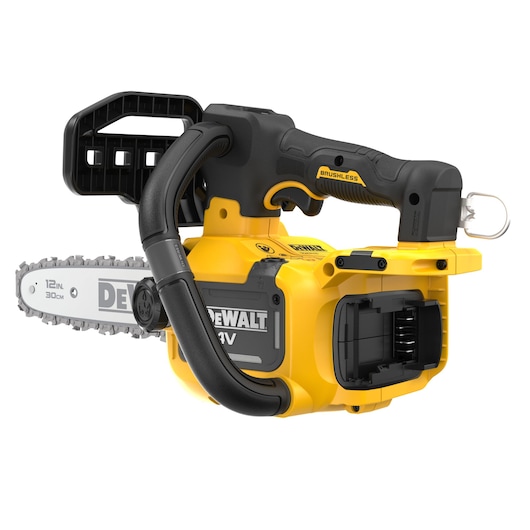 DEWALT 54V XR FLEXVOLT Compact Top Handle Chainsaw bare unit rear angled view