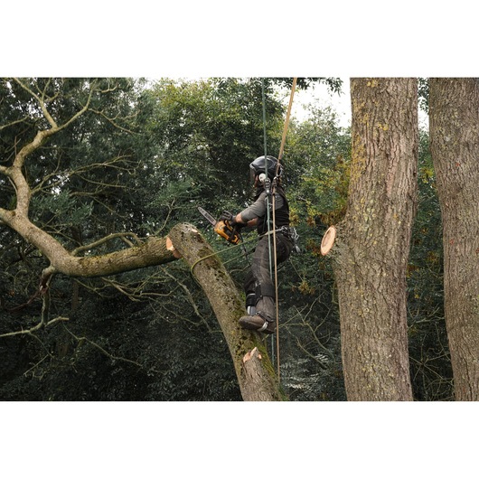 Arborist working at height using the DEWALT 54V XR FLEXVOLT Compact Top Handle Chainsaw 