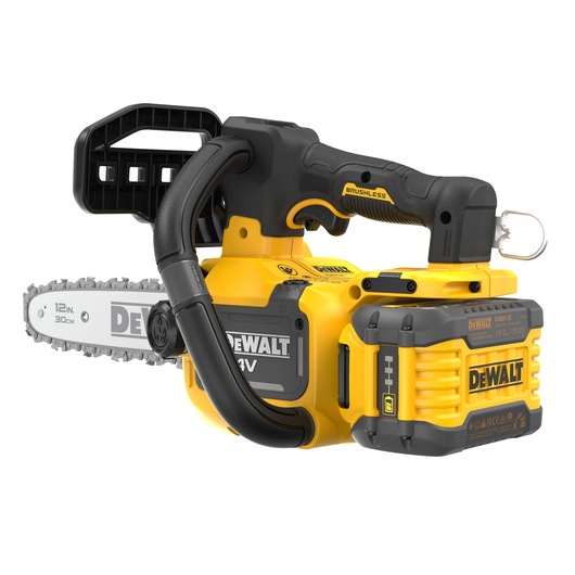 DEWALT 54V XR FLEXVOLT Compact Top Handle Chainsaw with 9Ah battery rear angled view