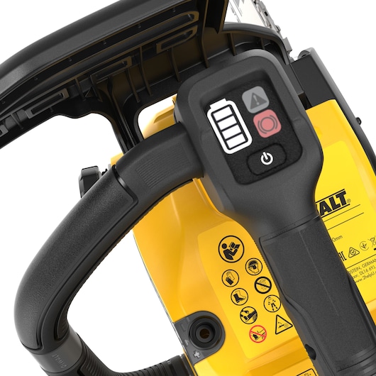 Battery charge display on the DEWALT 54V XR FLEXVOLT Compact Top Handle Chainsaw with 9Ah battery