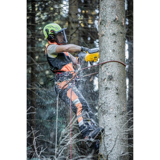 Arborist harnessed to tree using the DCMCST635 Top Handle Chainsaw