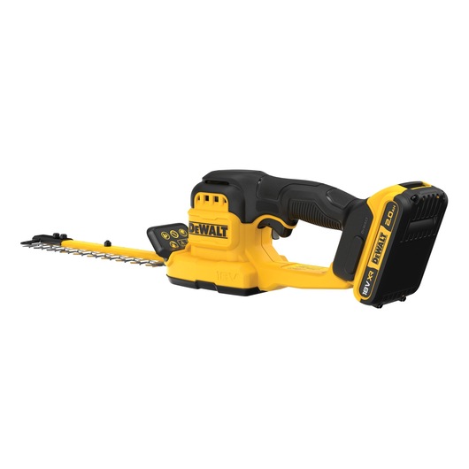 DEWALT 18V XR Compact Hedge Trimmer with 2Ah battery angled rear view