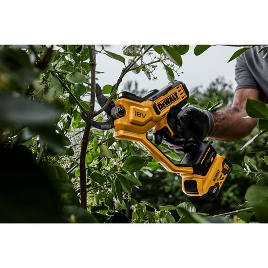 User trimming branch using powered cordless pruner User trimming branch using powered cordless pruner