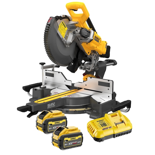 54V XR FLEXVOLT 305MM MITRE SAW KIT WITH TWO 9AH XR FLEXVOLT BATTERIES AND CHARGER