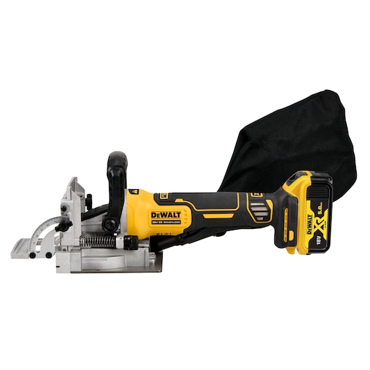18V XR Biscuit Jointer with 5Ah Battery side profile view