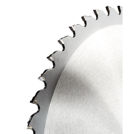 Stationary Construction Circular Saw Blade close up angled view of teeth from the back