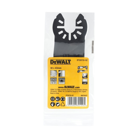 front view of DEWALT 30 X 43mm Oscillating blades accessory in the pack front view of DEWALT 30 X 43mm Oscillating blades accessory in the pack