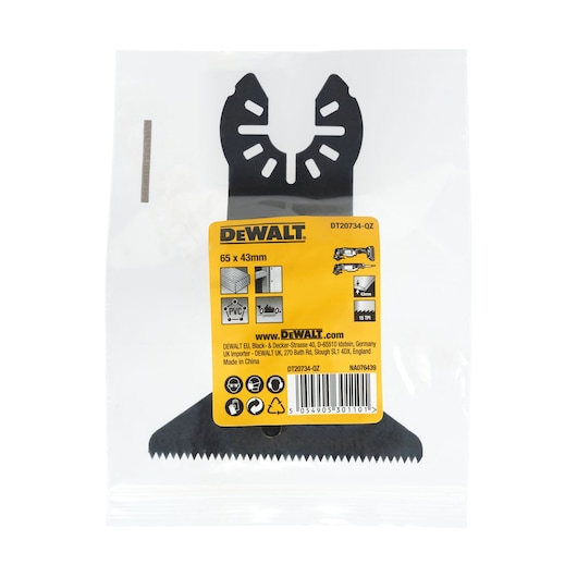 front view of DEWALT 65 X 43mm Oscillating blades accessory in the pack