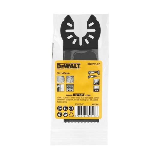 front view of DEWALT 30 X 43mm Oscillating blades accessory in the pack