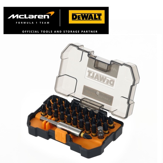 Limited Edition DEWALT/McLaren screwdriver bit set in case, angled view. DEWALT/McLaren logos appear top left