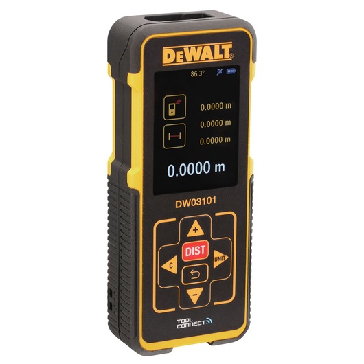 DEWALT pocket laser distance measurer with its display on. DEWALT pocket laser distance measurer with its display on.
