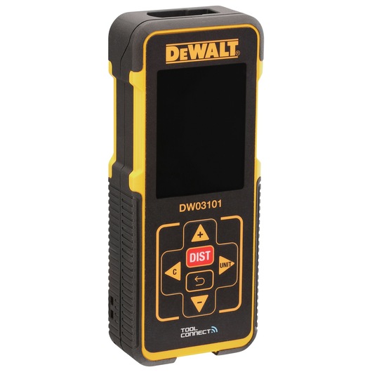 Profile of DEWALT pocket laser distance measurer with its display on. Profile of DEWALT pocket laser distance measurer with its display on.