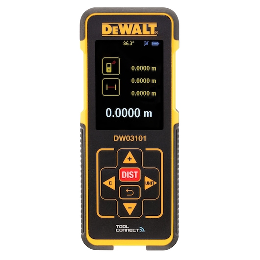 Profile of DEWALT pocket laser distance measurer with its display on. Profile of DEWALT pocket laser distance measurer with its display on.