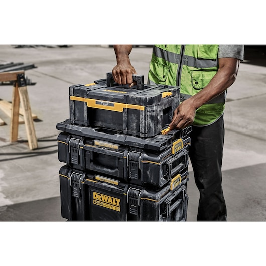 A stack of TOUGH SYSTEM 2.0 cases connected to x3 Toughcases using TSTAK adapter plate A stack of TOUGH SYSTEM 2.0 cases connected to x3 Toughcases using TSTAK adapter plate