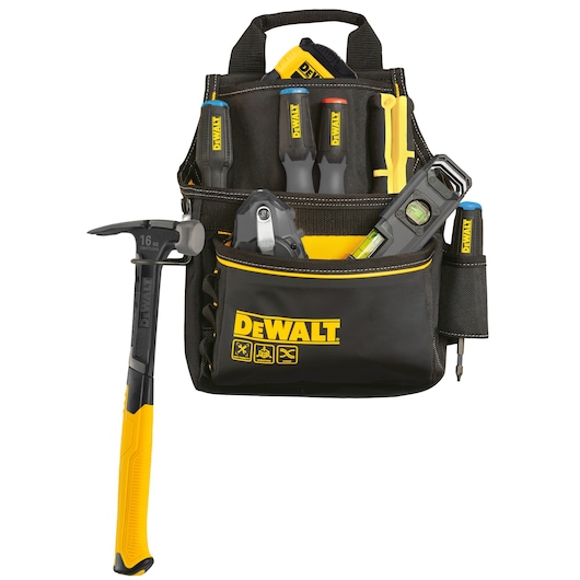 Person wearing the Dewalt Pro Tool Pouch. The pockets are filled with nails and tools.