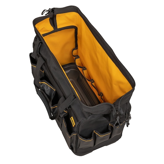 Oveview of an open Dewalt 20" Pro Open Mouth Tool Bag"