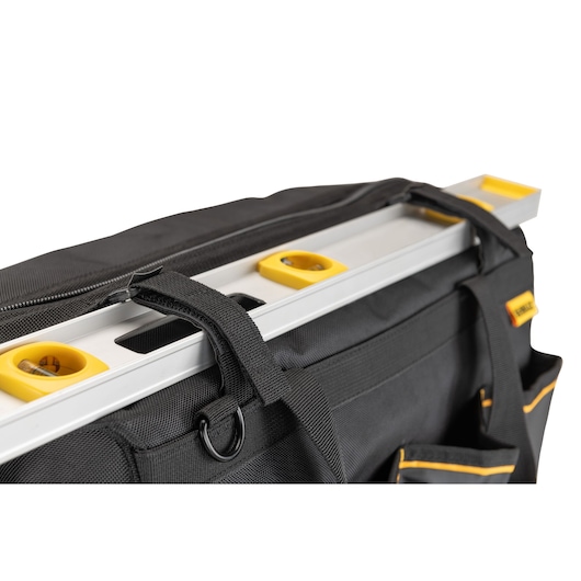 Close up of level holding feature on Dewalt 20" Pro Open Mouth Tool Bag"