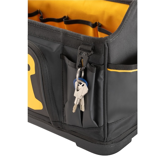 Close up of keyring feature on Dewalt 20" Pro Tool Tote"