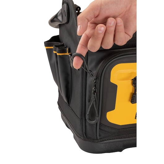 Close up of zip pull feature on Dewalt 20" Pro Tool Tote"