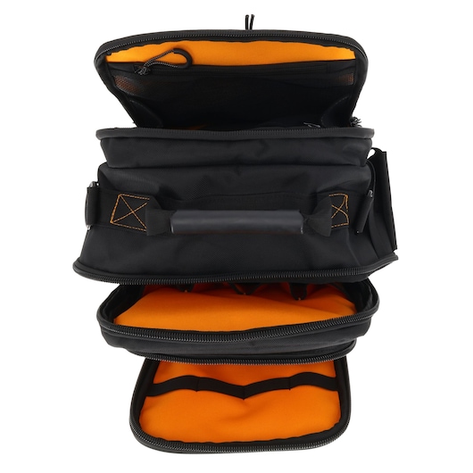 Black and orange padded camera bag with multiple zippered compartments for photography gear protection.